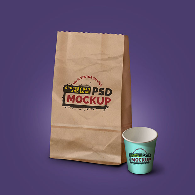 Download Grocery Bag Coffee Cup & Logo PSD Mockup | Free Download PSD | DLPSD.